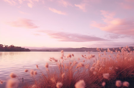 cotton field right next to a lake in the sunset, peaceful conceptの素材