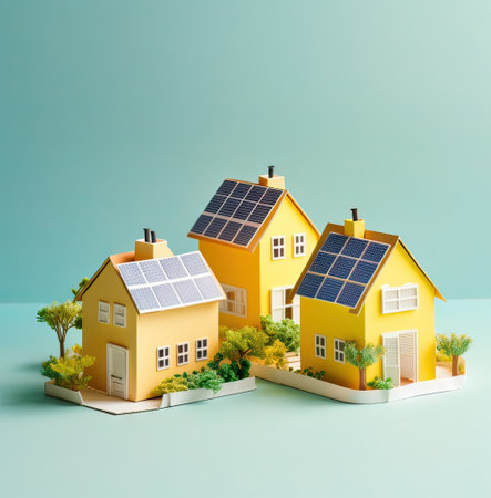 concept renewable energy illustration of houses with solar panels on the roof, paper cut compositionの素材