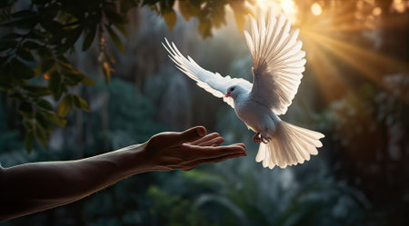 day of peace, beautiful white dove with open wings about to land on a human handの素材