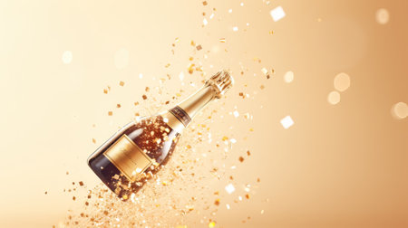 new year's eve, illustration of a bottle of champagne on a golden background with glitterの素材