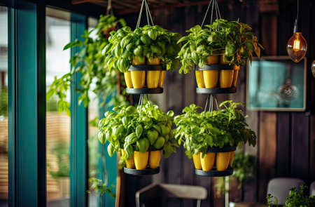 floating recycled pots on the terrace of a house full of basil, fresh conceptの素材