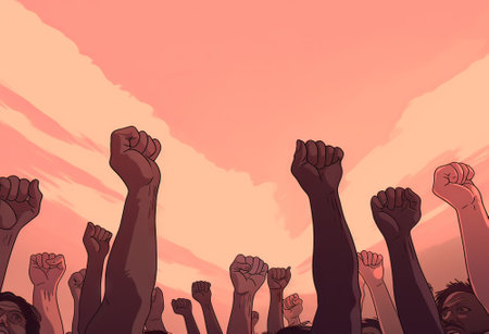 black history month illustration of people with raised arms and clenched fistの素材