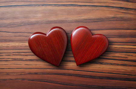valentine's day, two red hearts with a wooden pattern on top of a wooden table, love conceptの素材