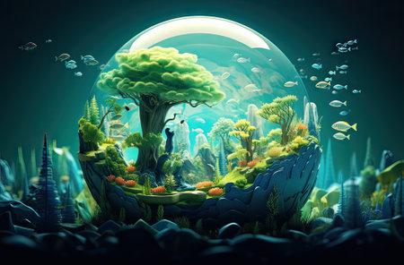 water day, underwater life, bubble with trees and plants surrounded by fishesの素材