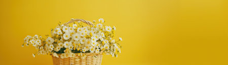 spring arrives, wicker basket full of daisies(Bellis perennis) on a yellow background and copy spaceの素材
