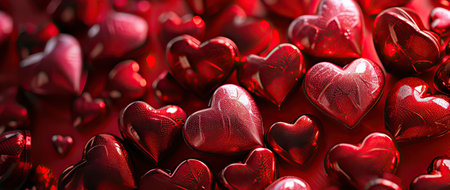 red heart-shaped balloons on a red background, love conceptの素材