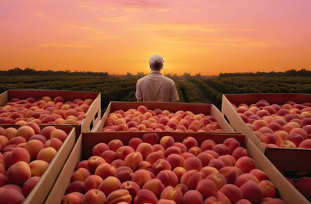A farmer stands facing a vibrant sunset, with crates of harvested peaches in the foreground.の素材