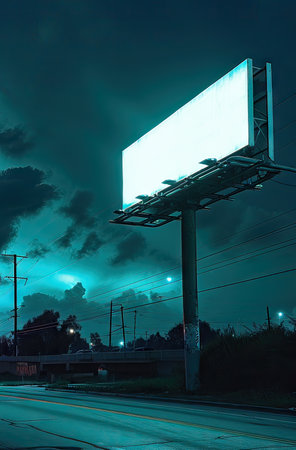 A large, blank billboard stands out against a dramatic night sky, casting a blue hue over an empty street.の素材