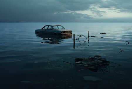 An eerie scene of a car partially submerged in calm waters under a dusk sky.の素材
