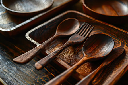 Assorted wooden spoons and forks on a dark wood surface, kitchenware concept.の素材