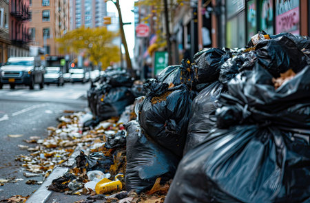 Numerous black trash bags and scattered litter are piled up on a city sidewalk, with urban life continuing in the background.の素材