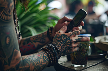 Detailed view of tattooed hands interacting with a smartphone, with a coffee cup in hand, in a casual setting.の素材