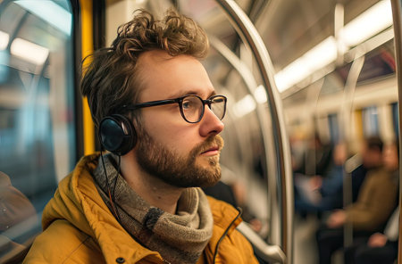 A man wearing glasses and headphones looks contemplatively out the window in a train, blurred interior in the background.の素材