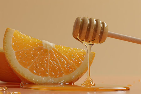 Close-up of a fresh orange slice with a wooden honey dipper drizzling honey on top, against an orange background.の素材