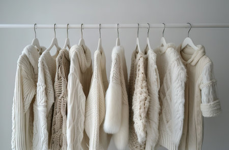 A variety of white knitted garments displayed on a rack, showcasing different patterns and textures in a monochromatic scheme.の素材