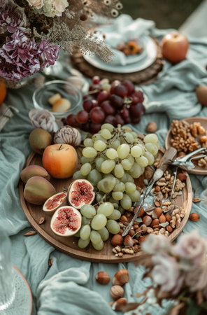 An overhead view of a stylish picnic spread featuring grapes, figs, nuts, and lush floral arrangements on a teal fabric.の素材