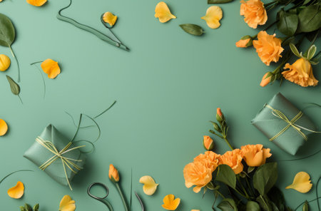 An overhead view of a creative gift wrapping station, featuring scissors, gifts, and flowers with ample copy space.の素材