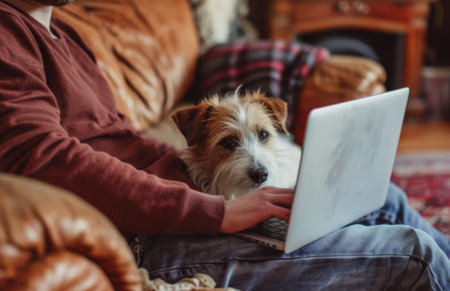 A relaxed man working on a laptop with a loyal dog by his side, in a cozy home environment.の素材