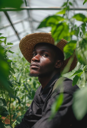 A black man in a woven straw hat and black shirt is surrounded by lush greenery in a sunlit greenhouse.の素材