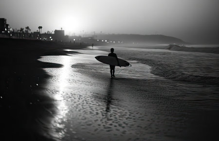 A surfer in silhouette walks along the beach with a surfboard under the arm, with gentle waves and dusk light.の素材