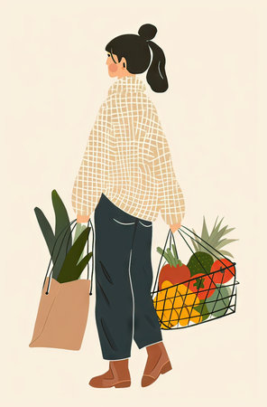 Artistic rendering of a woman seen from the side, carrying a bag of groceries and a mesh bag with fresh produce, in a chic outfit.の素材