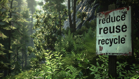 In a tranquil forest, the familiar Reduce, Reuse, Recycle sign acts as a beacon for environmental activism, reinforcing the crucial messages of Earth Day within the heart of nature.の素材