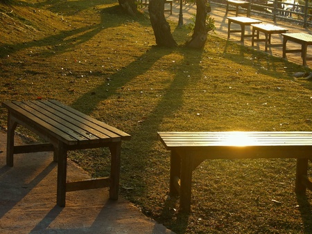 The wooden benches in the morning at first sunlight.の素材