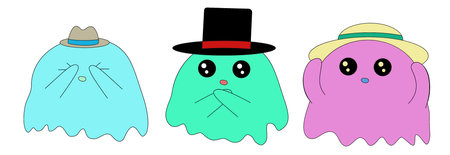 Kawaii ghosts in hats with emotions.Vector illustrationのイラスト素材