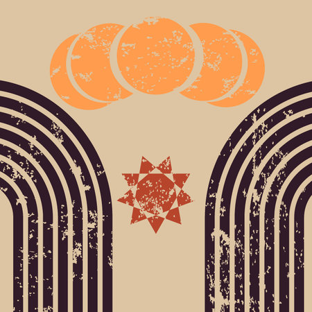 Abstract contemporary aesthetic background with geometric shapes, two rainbows, sun and moon phases. Boho wall decor. Mid century modern minimalist art print. Organic shape.Vector illustrationのイラスト素材