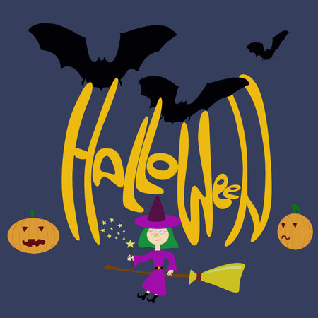Greeting card for Halloween with a witch(on a broom with magic wand) bats and pumpkins. vector illustrationのイラスト素材