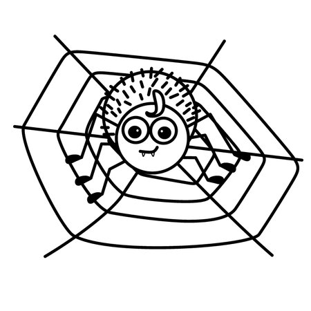 Little Baby spider with bangs and fangs, sitting on web and smile. Black and white vector illustration. For paiting and children's products.のイラスト素材