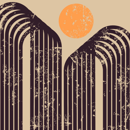 Abstract contemporary aesthetic poster with geometric shapes, two arcs with moon. Boho wall decor. Mid century modern minimalist art print. Organic shape.Vector illustrationのイラスト素材