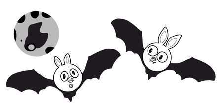 Two funny simplified Bats and moon. Kids of the animals. black-white picture. vector illustrationのイラスト素材