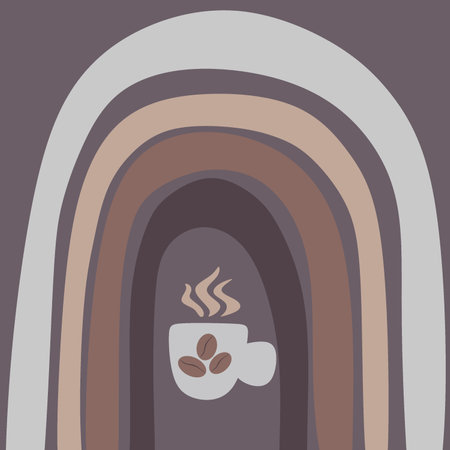 Abstract contemporary aesthetic background with hand draw shapes, rainbows, coffee cup with beans. Boho wall decor. Mid century modern minimalist art print. Organic shape.Vector illustrationのイラスト素材