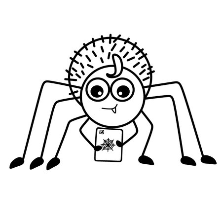 Baby spider with bangs and one fan plaing with smartphone. Black and white vector illustration. For paiting and children's products.のイラスト素材
