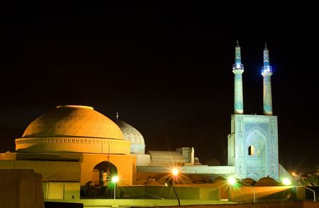 Mosque in night lights, Yazd, Iranの写真素材