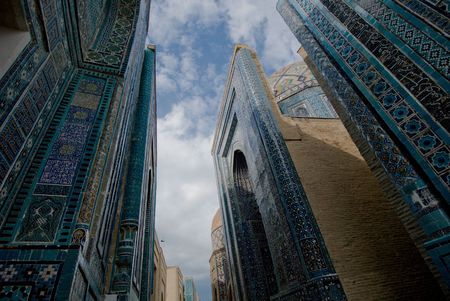 Blue tiled facades of Shahi-Zinda Necropolis, Samarkand, Uzbekistanの写真素材