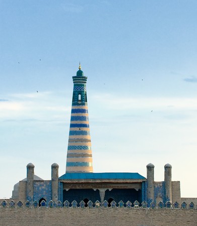 Minaret in ancient city of Khiva, Uzbekistanの写真素材