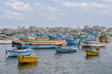 View of Alexandria harbor, Egyptの写真素材