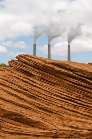 Red rocks and smoking pipesの写真素材