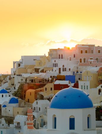 Oia village at sunset, Santorini island, Greeceの写真素材
