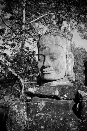 Head of gate guardian, Angkor, Cambodiaの写真素材