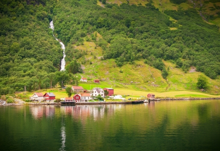 Small village in Naeroyfjord, Norwayの写真素材