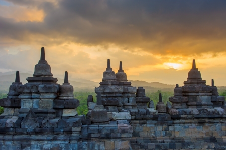Borobudur temple at sunrise, Java, Indonesiaの写真素材