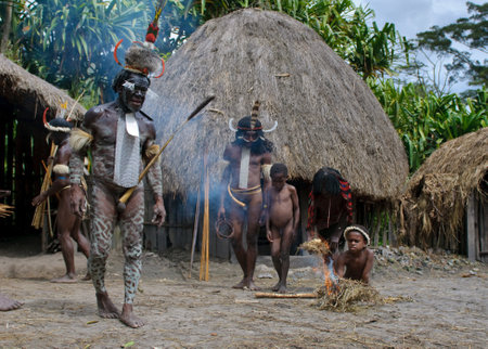 WAMENA, PAPUA, INDONESIA - November, 14: Papuan people in the traditional village on November, 14, 2008 near Wamena, Papua, Indonesia.のeditorial素材
