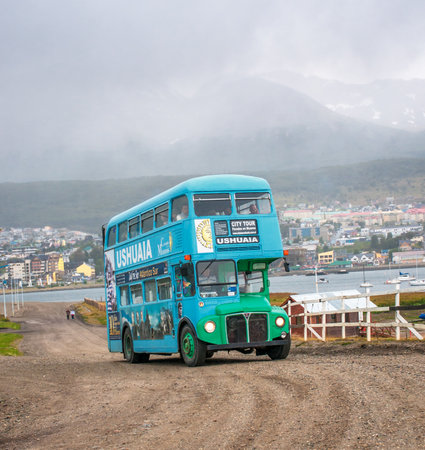 USHUAIA, ARGENTINA - March, 01: Double decker tourist bus in Usuaia, Argentina on March, 01, 2010のeditorial素材