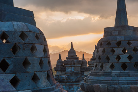 JAVA, INDONESIA - August, 02, 2010: Borobudur temple at sunrise. This famous buddhist temple, dating from the 8th and 9th centuries, is located in central Java.のeditorial素材