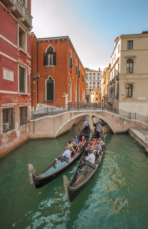 VENICE, ITALY - July, 10, 2012: Gondolas at Grand Canal in Venice, Italyのeditorial素材