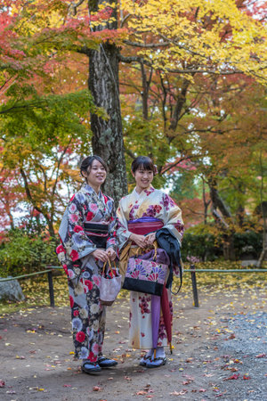 KYOTO, JAPAN - November, 18, 2014: Two japanese girls in traditional kimono, momiji season in Kyotoのeditorial素材