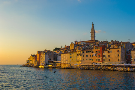 Old town of Rovinj at sunset, Istrian Peninsula, Croatiaの写真素材